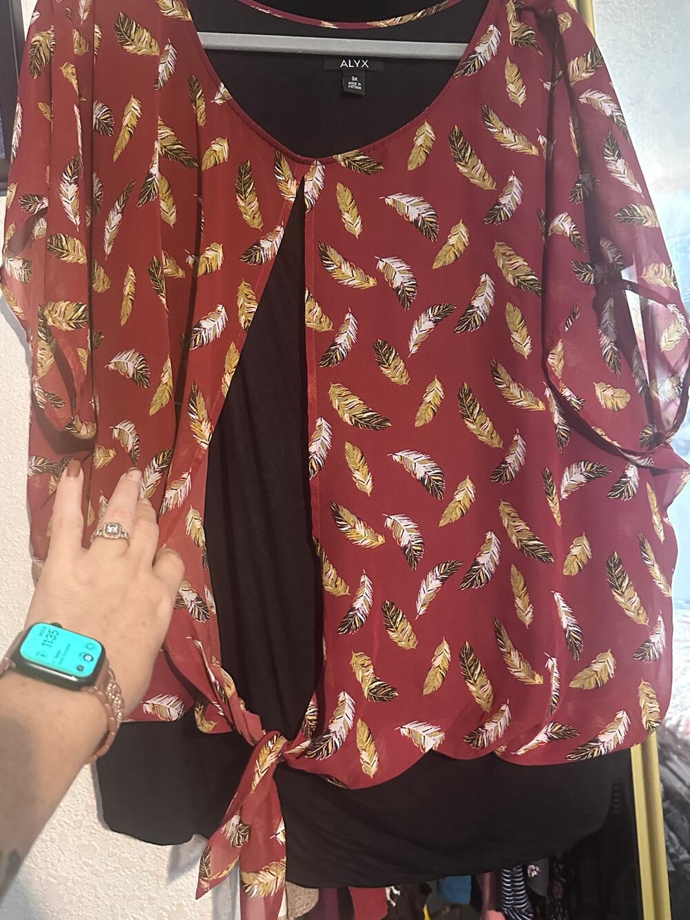 ALYX Womens 3X Rust Red Feather Print Chiffon Layered Tie Front Blouse
